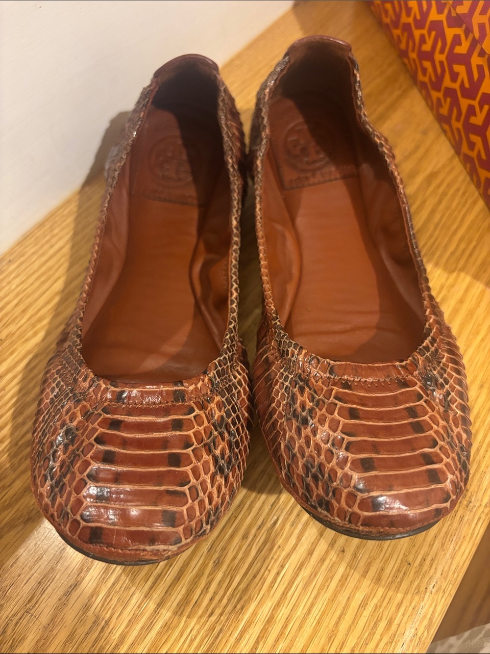 Tory Burch Brown Snakeskin-Texture Leather Ballet Flats